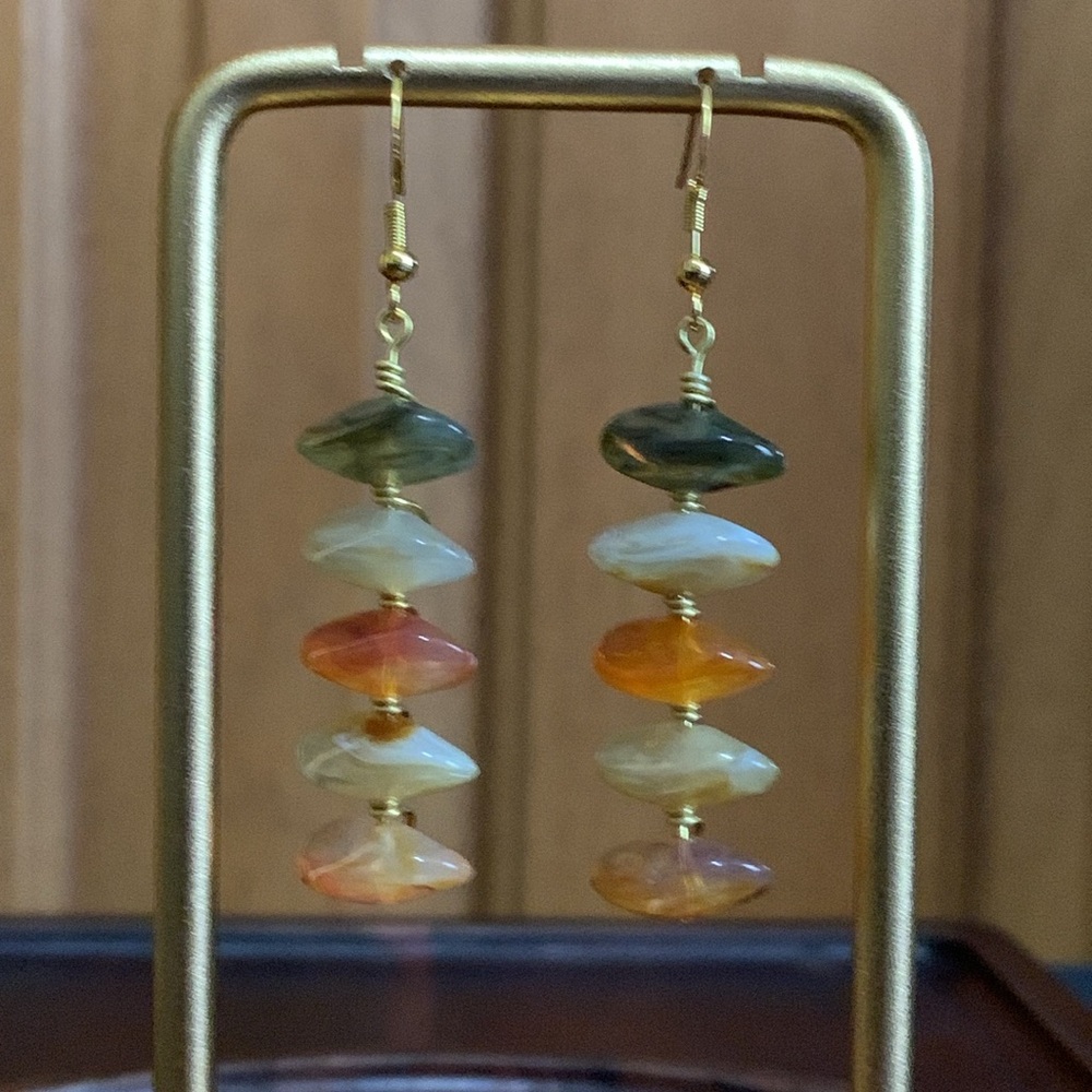 Handmade wire wrapped green, white, and orange stone earrings - Picture 2 of 3